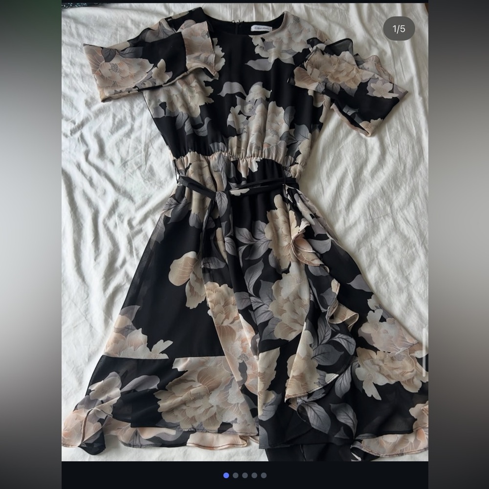 Calvin Klein Black and Cream Floral Midi Dress